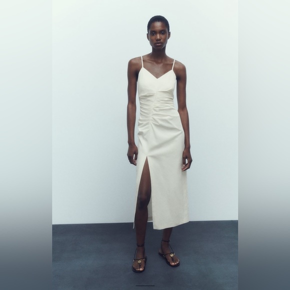 New with Tags Zara White Linen Blend Ruched Midi Dress with Slit Size S - Picture 2 of 11